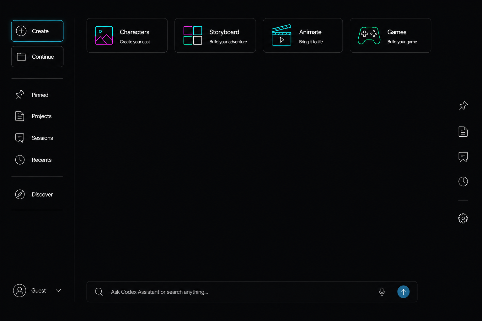 Codex Studios studio interface showing project navigation, creation workspace, continuity panels, and creative tools.